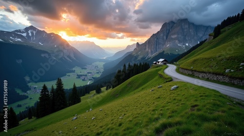 Dawn shot of Val Roseg in Switzerland, Europe, with cloudy skies, taken from a regular perspective showing the early morning mist and mountain landscape.