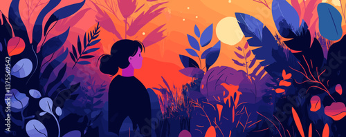 Woman gazing at vibrant sunset in lush jungle landscape - vector.