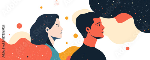 Profile of a man and woman in abstract cosmic colors, side by side, minimalist art - vector.