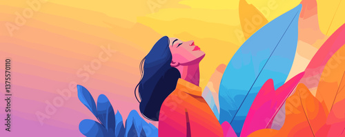 Vibrant woman amidst colorful leaves in a dreamy sunset landscape - vector.