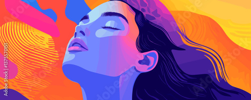 Colorful abstract portrait of a relaxed woman with flowing hair against vibrant background - vector.