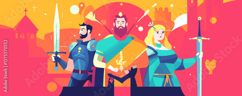 Medieval fantasy heroes with swords and armor in a vibrant castle setting - vector.