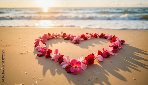 Heart of Rose Petals on Beach at Sunset, Romantic Serenity