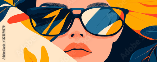 Woman wearing sunglasses with tropical leaves reflections, modern art style vector.
