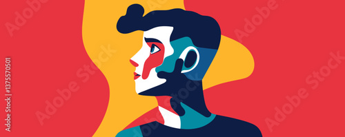 Colorful abstract portrait of a contemplative person on vibrant background - vector.