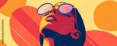 Colorful summer portrait of a woman with sunglasses against a vibrant background - vector.