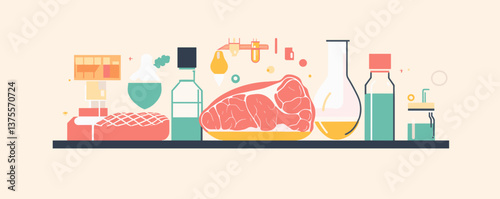 Vector art of meat cuts and laboratory equipment display for science and food analysis.