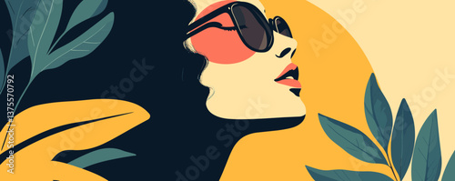Stylish woman in sunglasses with tropical leaves and retro colors - vector.