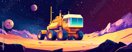 Futuristic space rover on distant planet with moons and mountains at night, vector.