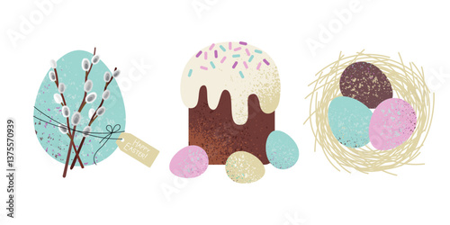 spring set with Easter symbols, willow twigs, eggs and a cake. flat drawing with textures in pastel colors. stock vector illustration. EPS 10.