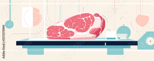 Raw meat on cutting board in futuristic kitchen environment - vector.
