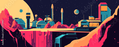 Futuristic space colony on alien planet with rockets and domes at night - vector.