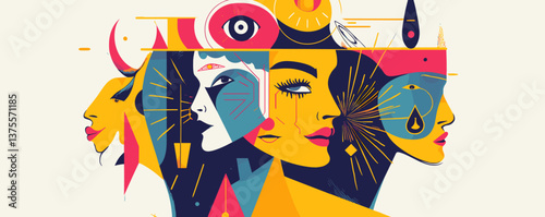 Abstract faces with surreal designs and geometric shapes - vector.