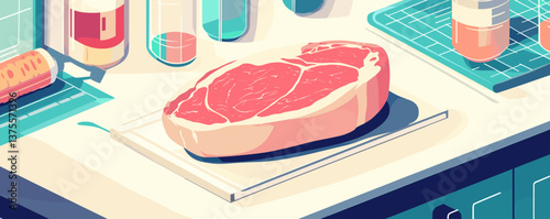 Raw steak on lab counter with test tubes and beakers in scientific environment - vector.