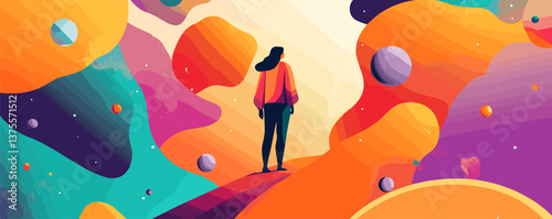 Person standing on colorful abstract landscape with planets and cosmic background - vector.