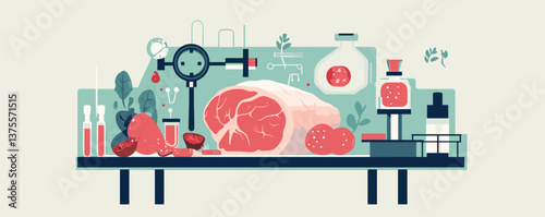 Laboratory meat analysis concept with vegetables and lab equipment - vector.