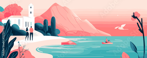 Coastal landscape with romantic couple and church by the sea in tranquil sunset – vector.