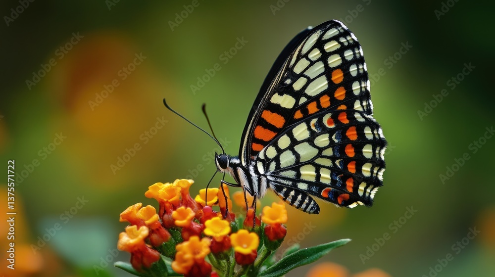 Fototapeta premium Baltimore Checkerspot Butterfly in Nature. Beautiful Macro Shot of Orange and Green Butterfly Wings