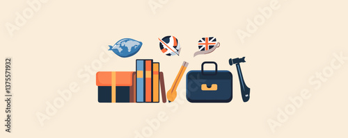 Office and study icons with british and global themes vector.