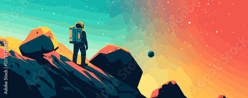 Astronaut exploring colorful alien landscape with stars and rocks - vector.