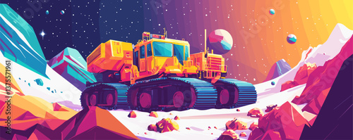 Futuristic space rover exploring alien planet landscape with colorful starry sky - vector.