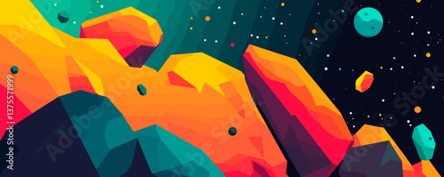 Colorful geometric space scene with vibrant asteroids and stars, digital art vector.