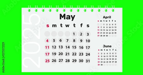 Calendar for 2025 new year from january to december flipping through month. Close up of flipped calendar page change on green background. Chroma key. 4k video graphic motion
