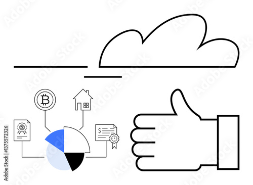 Cloud above data connections including pie chart, cryptocurrency, documents, house, certificate, and approval hand. Ideal for technology, finance, investment data sharing innovation success