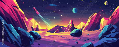 Futuristic space landscape with rocket and planets at sunset in vibrant colors, space vector.