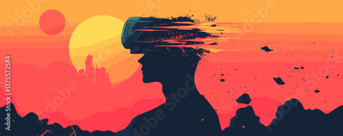 Futuristic vr world and digital silhouette in space landscape vector.