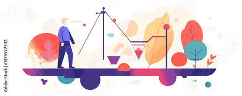 Man balancing scale in abstract nature scene, vibrant colors, vector.