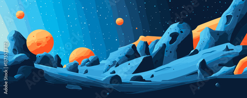 Surreal alien landscape with orange moons and rocky terrain in space - vector.