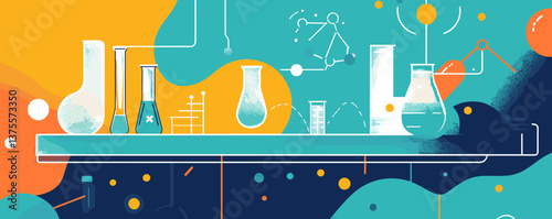 Colorful chemistry lab with test tubes and beakers on abstract background - vector.