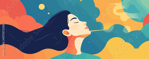 Serene woman breathing amid colorful clouds and abstract shapes, conceptual art vector.