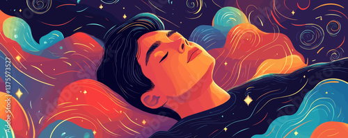 Dreamy portrait of a relaxed young man surrounded by vibrant abstract waves and stars - vector.