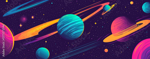 Colorful cosmic scene with planets and rings in outer space vector.
