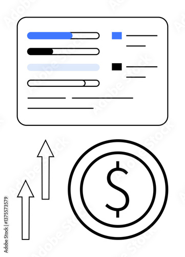 Progress bars in a financial dashboard, a dollar coin, and upward arrows emphasize growth and performance. Ideal for finance, investing, analytics, budgeting, economy, business success flat simple