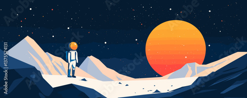 Astronaut exploring alien landscape with vibrant sunset on mountain terrain, space vector.