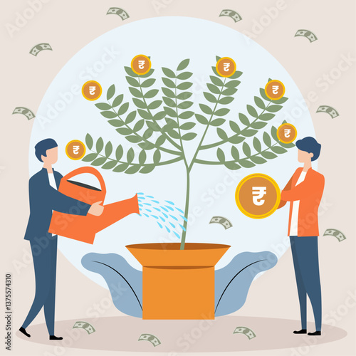 Man watering a money plant. Long term investment will grow you money concept vector.