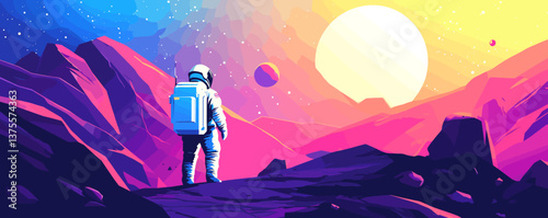 Astronaut stands on vibrant alien planet with colorful mountains and distant suns - vector.