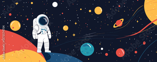 Astronaut exploring colorful outer space with planets, stars, and cosmic trails - vector.