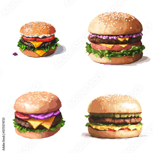 Collection of delicious cheeseburger illustrations with lettuce, tomato, and sesame seed buns on white background, perfect for food design, fast food themes, and culinary artwork.

