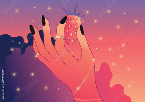 Surreal Female Hand Holding Strawberry in Vibrant Neon Aesthetic