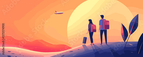 Travelers watching sunset over mountains with plane in sky, vibrant colors - vector.