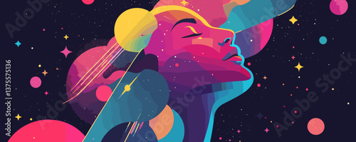 Abstract cosmic portrait of a woman with vibrant colors and stars - vector.