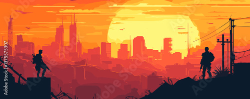 Post-apocalyptic soldiers at sunset in a cityscape vector.