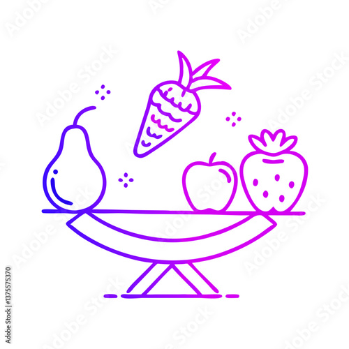 Gradient line illustration of fresh fruits and vegetables, symbolizing healthy nutrition, menstrual wellness support, and balanced diet.
