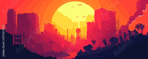 Futuristic apocalyptic cityscape at sunset with silhouetted buildings and bright sun – vector.