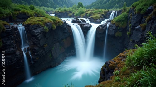 Rainy night photo of Trummelbach Falls in Switzerland, Europe, taken from an elevated angle, showcasing the falls’ powerful flow and mist in a professional shot.