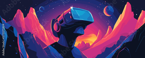 Futuristic landscape with vr headset in space, colorful sci-fi surrealism - vector.